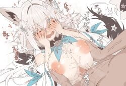 1boy ahoge animal_ear_fluff animal_ears aqua_nails aqua_neckerchief bare_shoulders bed_sheet blush breasts censored closed_eyes clothed_female_nude_male commentary commentary_request detached_sleeves female fingernails fox_ears fox_girl fox_tail grabbing_another's_breast groping hair_intakes hands_on_own_face heart hololive large_breasts lying mosaic_censoring nail_polish navel neckerchief nipples nose_blush nude on_back on_bed open_mouth paid_reward_available paizuri pentagram shirakami_fubuki shirakami_fubuki_(1st_costume) shiroi_yoru shirt sound_effects straight symbol-only_commentary tail veins veiny_arms virtual_youtuber white_hair white_shirt white_sleeves
