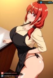 1girls adjusting_clothes apron bottomless bottomless_female braid breasts breasts_bigger_than_head busty clothing embarrassed female female_focus female_only g-string highleg highleg_panties housewife huge_ass huge_breasts juanpiamvs long_hair looking_at_viewer looking_back looking_back_at_viewer mature mature_female milf obata_natsumi partially_clothed patreon_username pixiv_username ponytail puckered_lips red_eyes red_hair saimin_seishidou shiny shiny_hair shiny_skin shirt shoulder_length_hair shy side_ponytail solo subscribestar_username thick_thighs thighs thong tied_hair top_heavy top_heavy_breasts twitter_username voluptuous voluptuous_female watermark wife