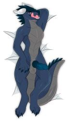 anthro balls bedding bedding_background blue_body blue_eyes blue_hair blue_penis blue_tail dragon erection front_view full-length_portrait genitals grey_balls grey_body grey_scales grey_tail hair hi_res horn humanoid_genitalia humanoid_penis hybrid_genitalia hybrid_penis knot knotted_humanoid_penis knotted_penis licking licking_lips licking_own_lips looking_at_viewer lying male mythological_creature mythological_scalie mythology nude on_back open_mouth penis pink_tongue portrait princelykaden scales scalie solo tail tongue tongue_out white_horn