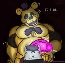 absurd_res animatronic anthro bear big_penis bodily_fluids duo five_nights_at_freddy's fredbear_(fnaf) genital_fluids genitals golden_carneiro golden_freddy_(fnaf) hi_res machine male male/male mammal office oozing penis precum robot scary scottgames security security_guard standing_behind throbbing twitching vein veiny_penis