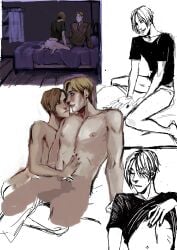 2boys abs arm_support ass bangs barefoot bed bed_sheet bedroom between_legs black_shirt blanket blonde_hair blue_eyes blush bottomless brown_hair closed_eyes closed_mouth clothes_lift collage collarbone comic completely_nude couple curtains eye_contact hair_over_one_eye hand_on_another's_chest hug imminent_kiss implied_sex indoors james_sunderland kneeling leon_scott_kennedy looking_at_another lying male male_focus male_underwear multiple_boys multiple_views muscular muscular_male navel night nipples no_pants nude on_bed open_mouth panties pants parted_lips partially_colored pectorals pillow series:resident_evil series:resident_evil_2 series:resident_evil_4 series:silent_hill series:silent_hill_2 shirt shirt_lift short_hair short_sleeves simple_background sitting sketch smile spitslushy stomach straddling t-shirt toned toned_male topless_male underwear undressing wd_v1.4_vit_v2_tagger_ai_generated_tags white_background white_panties window yaoi