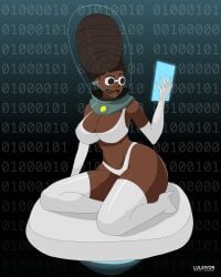 abs beehive_(hairstyle) beehive_hairdo big_ass big_breasts bikini binary black_female curvy dark-skinned_female dark_skin evil_genius evil_genius_2 evil_smile female glass_helmet gloves helmet juicy_lips large_breasts latex latex_clothing latex_gloves latex_legwear latex_thighhighs luleivon mad_scientist mind_control sitting smug smug_face thick_thighs thigh_highs toned toned_female wide_hips zalika