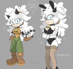 1girls animal_ears anthro bell black_leotard blue_eyes boots breasts brown_footwear cleavage clothing dialogue earrings english_language english_text female footwear fur furry furry_female gloves green_pants hair handwear headwear high_heels horns lanolin_the_sheep large_breasts legwear leotard long_hair looking_at_viewer mammal neck_bell pants playboy_bunny rabbit_ears shoes solo sonic_(series) sonic_the_hedgehog_(series) standing sweatdrop tail text thighhighs white_hair yeonwu08