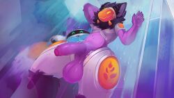 16:9 4k absurd_res anthro balls bathing bathroom foreskin genitals half-erect hi_res machine male penis protogen purple_body saggy_balls solo violet_the_protogen(xyder) visor widescreen xyder