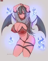 arms_behind_back big_breasts black_hair curvaceous curvy dark_nipples demessa_(devil_daddy) demon demon_girl demon_horns demon_wings demoness devil_daddy fire flame horns huge_breasts huge_nipples no_mouth puffy_nipples red_eyes red_skin seductive see-through_bra small_waist thick_thighs tight_clothes tight_clothing voluptuous wide_hips