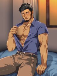 1boy abs bara beard bed bedroom biceps big_areola black_hair blush brown_eyes collarbone curtains daddy dilf eyelashes frown fully_clothed gay goatee half-closed_eyes hi_res hunk indoors inviting inviting_to_sex legs_apart looking_at_viewer male male_only manly mature_male murakami_tarosu muscles muscular muscular_arms muscular_male no_visible_genitalia open_clothes original original_character pecs seductive short_hair sideburns sitting six_pack smirk sunset thick_eyebrows thisarmor veiny_arms window yaoi