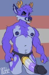 andromorph anthro antlers blue_body blue_fur body_hair chest_hair countershading facial_piercing fur guccigarf hi_res horn intersex lgbt_pride mammal moschid muscular muscular_andromorph muscular_anthro muscular_intersex musk_deer navel nipple_piercing nipples nonbinary_(lore) nonbinary_pride_colors nose_piercing nose_ring piercing pride_color_dildo pride_colors ring_piercing solo strapon transgender_pride_colors