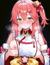 1girls ai_generated blush embarrassed erect_nipples flashing_breasts fondling_breast grabbing_own_breast green_eyes hololive large_breasts nipples one_breast_out pink_hair sakura_miko side_ponytail sideboob steam sweat virtual_youtuber