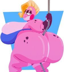 1girls amphibian anthro ass between_buttocks big_ass big_breasts blonde_hair breasts bubble_butt chubby chubby_female cleavage cleavage_overflow countershade_torso countershading eyelashes fat fat_ass fat_thighs female female_only freckles freckles_on_arms freckles_on_ass frog furry gloves_(marking) gluteal_fold half-closed_eyes hips hoovedleader huge_ass huge_breasts mascara oc original_character overweight pink_body pole pole_between_ass sideboob solo spruce_(hoovedleader) strapless strapless_top thick_thighs two_tone_body