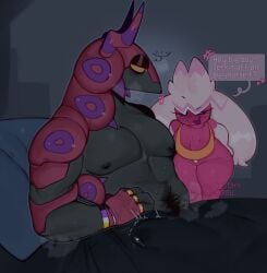 anthro bed bodily_fluids bulge duo female furniture generation_5_pokemon generation_9_pokemon genital_fluids hi_res male male/female nintendo pokemon pokemon_(species) precum scolipede short_stack speech_bubble teasing text tinkaton toxybabu