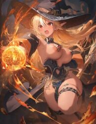 1girls ai_generated areola_slip armpits black_dress blonde_hair covered_nipples fire fireball high_heels hololive huge_breasts large_areolae large_hat long_hair red_eyes revealing_clothes shiranui_flare thick_thighs thighs virtual_youtuber wide_hips witch_hat