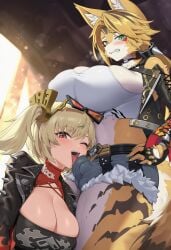 2girls ai_generated animal_ears assertive_female bangs blonde_hair blush breasts bulge_through_clothing burnice_white censored cleavage cleavage_cutout clenched_teeth collar fingerless_gloves fox_ears furry_female futa_on_female futa_with_female gloves huge_breasts large_breasts licking licking_penis multiple_girls naughty_face one_eye_closed pulchra_fellini racerai red_eyes shorts spikes teeth tongue tongue_out twintails yuri zenless_zone_zero