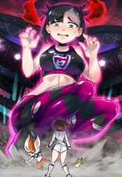 ass asymmetrical_bangs aura bare_shoulders black_choker black_hair bob_cut breasts brown_hair choker cinderace crowd dynamax earrings earthquake eyelashes eyes female giantess gloria_(pokemon) gloves green gym_challenge_uniform hair_ribbon jewelry macro marnie_(pokemon) midriff morpeko navel open_mouth pokemon pokemon_battle red_clouds red_ribbon ribbon scared shirt short_hair short_twintails size_difference socks sports_bra sportswear squatting stadium sweatdrop thighs torn_clothes twintails