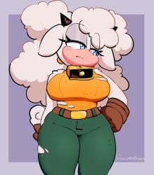 1girls animal_ears animal_nose anthro bell belt blue_eyes blush body_fur bottomwear bovid breasts brown_gloves caprine cellphone clothing collar domestic_sheep earrings eyelashes eyeshadow female frown fur furry furry_female gloves green_pants hair hand_on_hip hand_on_own_hip horns jewelry lanolin_the_sheep large_breasts long_hair looking_away looking_to_the_side makeup mammal orange_shirt pants phone quavernsfw sheep sheep_ears sheep_girl shirt smartphone snout solo sonic_(series) sonic_the_hedgehog_(idw) sonic_the_hedgehog_(series) standing tail thick_thighs thighs torn_clothes torn_pants white_fur white_hair wide_hips wool_(fur)