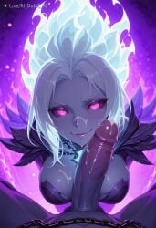 1boy ai_dota_ai ai_generated artist_name breasts chains colored_sclera colored_skin cum cum_on_body cum_on_breasts dota_2 facial female glowing glowing_eyes large_breasts looking_at_viewer penis pink_eyes pov pov_crotch shendelzare smile solo_focus straight uncensored veins vengeful_spirit white_hair
