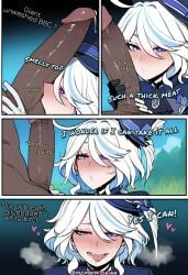 1boy 1girls ai_generated big_penis blacked blowjob blue_eyes blush blush cock_worship comic dark-skinned_male dark_penis dark_skin female fiorina furina_(genshin_impact) genshin_impact interracial light-skinned_female light_skin looking_at_penis male smaller_female sniffing sniffing_balls sniffing_penis text white_hair