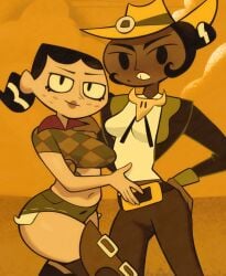 2girls belt black_eyes black_hair boots breasts brit_crust clothing cowboy_hat cowboy_western crust_cousins dark-skinned_female dark_skin female hair_bun hand_on_own_hip hat headwear jewelry looking_at_viewer makeup medium_breasts midriff multiple_girls my_life_as_a_teenage_robot navel newguy1091 nickelodeon rule_63 shirt short_hair short_shorts shorts smile thighhighs tiff_crust