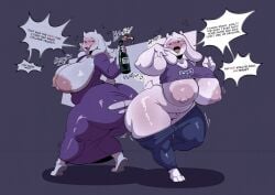 anthro areola ass big_breasts big_butt blush boss_monster_(undertale) bottomwear bovid breasts bubble caprine clothing drunk drunk_bubble duo ellipsis english_text exclamation_point exposed_breasts female floppy_ears genitals goat hi_res horn huge_breasts huge_butt huge_hips huge_thighs krazytoonz mammal nipples open_mouth pants profanity purple_areola purple_nipples pussy robe shirt speech_bubble square_crossover substance_intoxication text thick_thighs topwear toriel undertale undertale_(series) vulva wide_hips wine_bottle