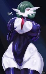 antennae bangs_down belly between_breasts blue_background blue_choker blue_gloves blue_leotard blue_thighhighs blush bob_cut body_blush breasts cameltoe choker cleavage collarbone colored_skin commission covered_belly covered_navel cutout_cleavage ear elbow_gloves english_text female female female_focus game_freak gardevoir gen_3_pokemon gloves green_hair hair_over_one_eye hands_on_own_breasts latex latex_choker latex_gloves latex_leotard legs leotard light-skin light-skinned_females lips long_arms long_ears long_legs naughty_face neckline nintendo pink_eyes pixiv pixiv_commission pixiv_id pixiv_link pixiv_username png png_file pointy_ears pokemon pokemon_(creature) red_eyes sana!rpg seductive_face seductive_gaze seductive_smile seductress shiny_clothes shiny_skin short_hair signature smile solo_focus thick_thighs thighhighs thighs thong thong_leotard white_lips white_skin wide_hips