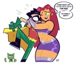 1girls 2boys beast_boy busty curvy dc dc_comics english_text face_to_breasts feline goodbyellow green_eyes hug koriand'r midriff orange_skin red_hair robin_(dc) short_skirt speech_bubble squeezing starfire teen_titans thumbs_up