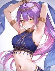 1girls ai_generated armpits arms_up belly belly_button green_eyes hololive large_breasts long_hair navel purple_hair smile sweat tokoyami_towa virtual_youtuber