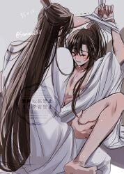 2boys alternate_costume arms_up bare_legs barefoot bathrobe bishounen bite_mark black_hair blush bondage bondage bound bound_wrists brown_hair chinese_clothes closed_eyes closed_mouth convenient_censoring crying hand_on_another's_thigh hanfu hickey high_ponytail highres implied_sex lan_wangji leg_grab long_hair long_sleeves male_focus missionary modao_zushi multiple_boys nipples open_clothes open_robe parted_lips pectoral_cleavage pectorals ponytail robe semiusa1010 sex sidelocks sitting spread_legs sweat topknot trembling twitter_username very_long_hair watermark wei_wuxian white_robe wide_sleeves yaoi