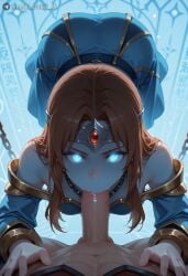 1boy ai_dota_ai ai_generated all_fours ass bare_shoulders blue_dress blue_eyes breasts brown_hair chained chains circlet detached_sleeves dota_2 dress erection fellatio female forehead_jewel glowing glowing_eyes long_hair long_sleeves looking_at_viewer mirana mirana_(dota) oral parted_bangs patreon_logo patreon_username penis pov pov_crotch solo_focus straight uncensored