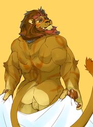 absurd_res anthro arm_tuft ass backsack balls brown_body brown_fur brown_mane brown_nose brown_pawpads cloth doggycoffee facial_hair felid fingers fur genitals hi_res holding_object lion looking_at_viewer looking_back male male_only mammal mane markings muscular muscular_anthro muscular_male nude pantherine pawpads rear_view red_markings simple_background solo tail_tuft tuft yellow_background yellow_eyes