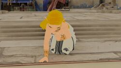 3d accidental_exposure bent_over blender blonde_hair breasts clothed down_blouse downblouse kneeling looking_down nipple_slip nipples oblivious small_breasts zelda_(breath_of_the_wild)