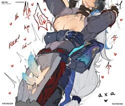bite bite_mark bite_marks breasts breasts_out bulge bulge_through_clothing clothed clothed_sex clutching_sheets cock gay grabbing grabbing_from_behind grabbing_torso gripping humping inverted_nipples male male_focus male_only multiple_males multiple_penises neuvillette_(genshin_impact) open_clothes open_shirt ripped_clothing ripped_pants ripping_clothing scars thigh_sex thighs wriothesley_(genshin_impact) yaoi