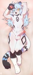 2024 absurd_res anthro aw008166 balls bandage bandaged_arm blue_hair blush bodily_fluids clothing fangs felid feline footwear footwear_only foreskin genital_fluids genitals hair half-erect hand_behind_head heterochromia hi_res humanoid_genitalia humanoid_penis kemono leaking_precum lion long_hair looking_at_viewer lying male mammal mostly_nude navel nipples pantherine pawpads penis precum socks socks_only solo sweat tail teeth