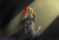 anthro big_breasts breasts demon flaccid genitals gynomorph hair hands_behind_back herm horn hybrid intersex intersex_(lore) light lighting looking_down mammal muscular mustelid nipples nude olivia_trea otter ozzie_the_otter penis red_eyes red_hair solo spade_tail spotlight tail watermark