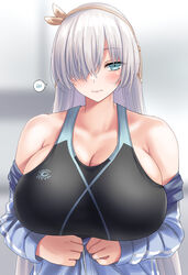 1girls anastasia_(fate) blue_eyes blush breasts cleavage embarrassed fate/grand_order fate_(series) gachou gym_uniform hair_ornament hair_over_one_eye large_breasts long_hair one_eye_covered shoulders solo sweatshirt swimsuit upper_body white_hair