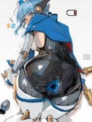 all_fours alterkyon alternate_version_available anus ass battery_indicator blue_hair blue_hat butt_plug commentary female gaping genshin_impact hat highres ineffa_(genshin_impact) large_ass mechanical_arms mechanical_legs robot_girl sex_toy solo symbol-only_commentary triangular_anus