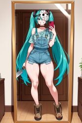 ai_generated boots choker hatsune_miku hockey_mask jason_voorhees_(cosplay) machete mirror mirror_selfie nibba overall_shorts overalls selfie single_bare_shoulder small_breasts smile t-shirt teal_hair twintails very_long_hair work_boots