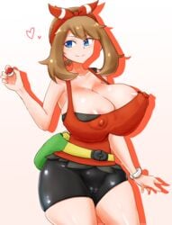 1girls alternate_breast_size bag belt big_breasts bike_shorts breasts brown_hair cameltoe clothed cube_(huidama) erect_nipples erect_nipples_under_clothes female holding_object huge_breasts human human_only large_breasts may_(pokemon) may_(pokemon_oras) nipples nipples_visible_through_clothing poke_ball pokemon pokemon_oras shorts thick_thighs tight_clothing wide_hips