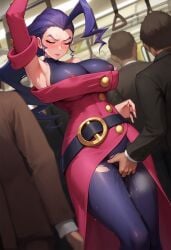 ai_generated artist_request big_breasts breasts busty capcom female female_focus groping hourglass_figure italian italian_female long_hair male public public_humiliation purple_hair rose_(street_fighter) street_fighter tagme wide_hips