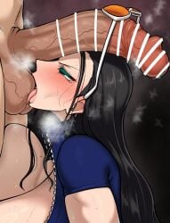 balls big_balls big_breasts big_penis blush blush busty female glasses gorio huge_cock kneeling large_penis licking licking_balls licking_testicles male mature_female monkey_d_luffy nico_robin one_piece tongue tongue_out veiny_penis