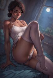 1girls ai_generated ass bed bed_sheet bedding bedroom breasts brown_eyes brown_hair camisole civitai cleavage clementine_(the_walking_dead) clothed clothing curvaceous curvy curvy_figure dark-skinned_female dark_skin feet female female_focus female_only lamp looking_away medium_breasts medium_hair moon moonlight panties solo_female stockings tank_top the_walking_dead the_walking_dead_game thick_ass thick_legs thick_thighs thighhighs thighs white_legwear white_panties white_shirt white_stockings