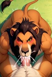 abs ai_generated anthro ass athletic balls biceps blush bodily_fluids cum deep_throat disney duo ejaculation erection felid fellatio genital_fluids genitals lion male male/male mammal muscular nipples nude one_eye_closed oral oral_penetration pantherine pecs penetration penile penis scar scar_(the_lion_king) sex the_lion_king wink