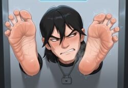 ai_generated alien_abduction angry angry_expression barefoot ben_10 black_hair brown_eyes captured feet feet_up gay gay_domination kabeshiri kevin_levin male male_feet male_focus padlock_necklace pale-skinned_male pale_skin spread_toes sweaty sweaty_feet through_wall