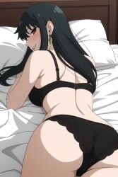 ai_generated alone ass bed bedroom black_bra black_panties blush boobs bra female_only laying_on_bed laying_on_stomach looking_at_viewer panties pillow pillow_grab pinku.ai rear_view smirk spy_x_family yor_briar