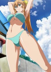 armpits arms_above_head big_breasts bikini blonde_hair breasts female female_only green_eyes highres huge_breasts ikkitousen large_breasts ponytail screencap smile solo sonsaku_hakufu stitched stretching summer swimsuit underboob