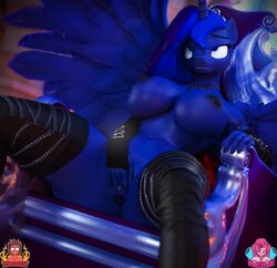 2019 3d alicorn anthro anus areola armwear blue_feathers breasts clothing equid eyelashes feathered_wings feathers female fingering fingering_self forsaken_(artist) friendship_is_magic hi_res horn legwear mammal masturbation my_little_pony nipples partypick princess_luna_(mlp) pussy sitting solo spread_legs spreading wings