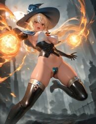 1girls ai_generated armpits blonde_hair cameltoe covered_nipples covered_pussy erect_nipples fire fireball high_heels hololive large_breasts large_hat long_hair pussy_peek red_eyes revealing_clothes shiranui_flare thigh_boots thighs virtual_youtuber wide_hips witch_hat