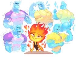1boy 1girls artist_name ass biceps bottomless dymitr3 elemental_(pixar) elemental_creature ember_lumen female flexing male male_focus muscular muscular_arms muscular_chest muscular_male pecs pectorals pixar shirt simple_background wade_ripple white_background