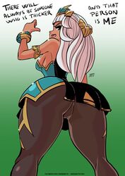 ass big_ass bubble_butt dark-skinned_female dark_skin english_text female kukuruyo league_of_legends looking_at_viewer looking_back qiyana_yunalai tagme text thick_thighs white_hair wide_hips