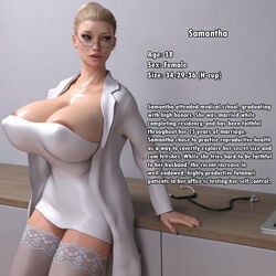 1girls 3d areolae biography blonde_hair blue_eyes bun character_profile clothed curvy english_text female female_only glasses huge_breasts lace leaning milf realistic samantha_(serge3dx) serge3dx solo solo_female standing stockings text