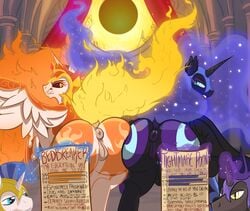 2019 2boys 2girls absurd_res alicorn angry anus armor ass big_ass big_butt bottom_heavy cutie_mark dark_persona daybreaker_(mlp) english_text equid equine fat_ass feathered_wings feathers female feral fire flaming_hair friendship_is_magic group hair headgear helmet hi_res horn huge_ass large_ass looking_back magic mammal my_little_pony nightmare_moon_(mlp) poneboning presenting presenting_pussy princess_celestia_(mlp) princess_luna_(mlp) pussy royal_guard_(mlp) solar_eclipse sparkling_hair spread_wings text thick_ass unicorn wings