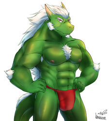 abs anthro armpit_hair biceps body_hair bulge chest_hair clothing dragon facial_hair fundoshi goatee green_body hair horn japanese_clothing kanisorn1425 kemono male male_only nipples pecs penis_outline scalie solo underwear white_hair